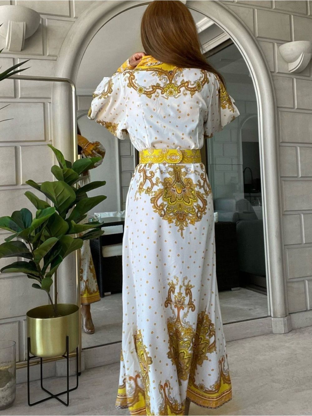 White and Yellow Printed Maxi Shirt Dress with Matching Belt Size 6 - Picture 3 of 16